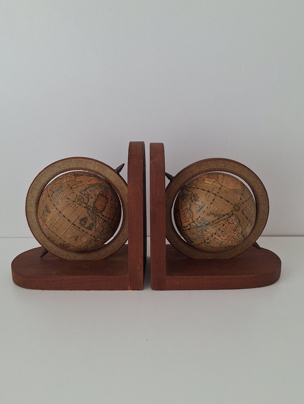 Vintage wooden Old World globe bookends